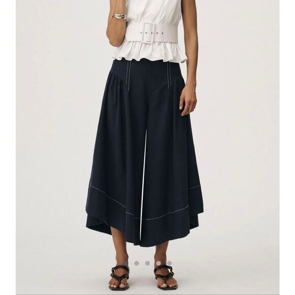 Anthropologie Pants - Anthropologie Pants NEW Linen Extended Waist Cropped Wide Leg Navy Blue size 6